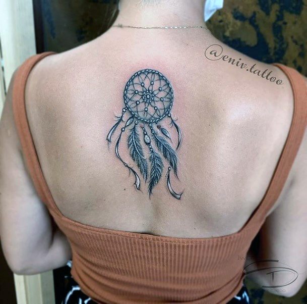 Fabulous Dreamcatcher With Feather Tattoo Womens Back