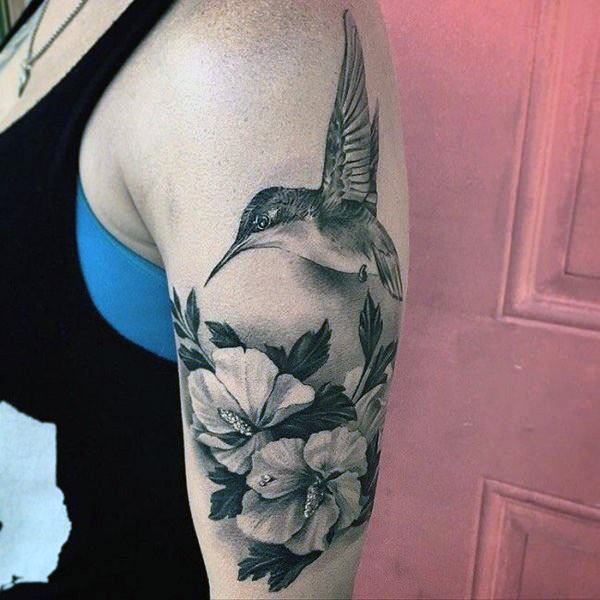 Fabulous Tattoo For Women Hummingbid And Flowers Grey