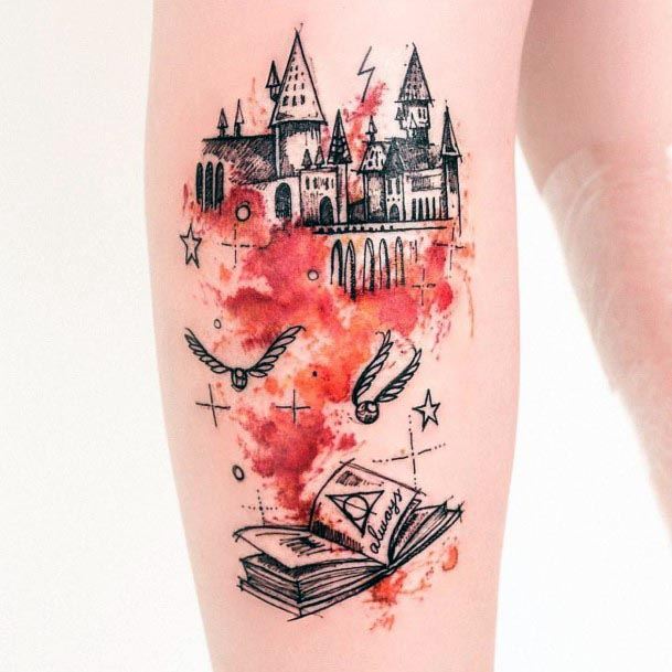 Fairytales Book Castles Water Color Tattoo Womens Arms