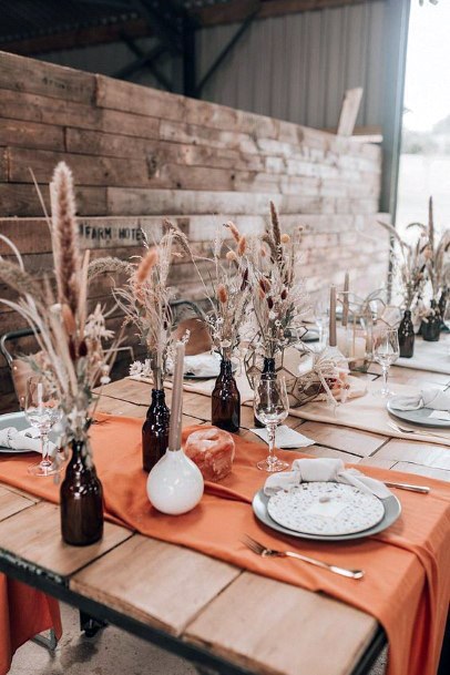 Fall Orange Table Runners With Bohemian Dried Grasses Wedding Centerpiece Ideas