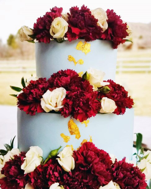 Fall Wedding Ideas Blue And Gold Cake With Burgundy Tiered Flowers Inspiration