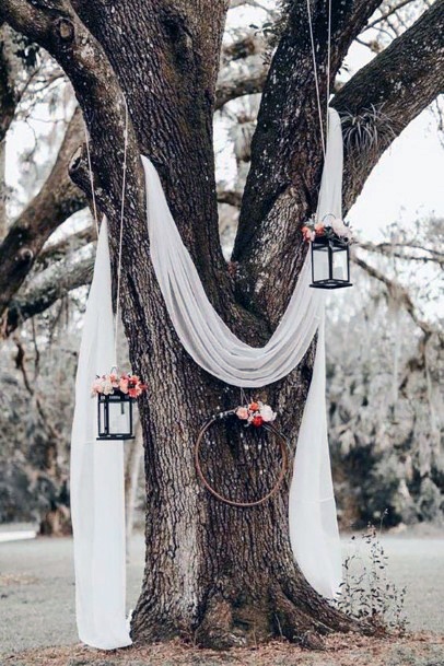 Fall Wedding Ideas Bohemian Tree Arch White Linen With Pink Flowers Decor