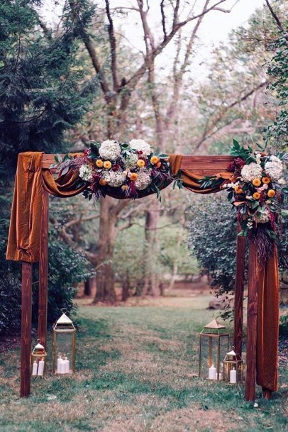 Fall Wedding Ideas Bronze Arch Drape And Flowers Decor