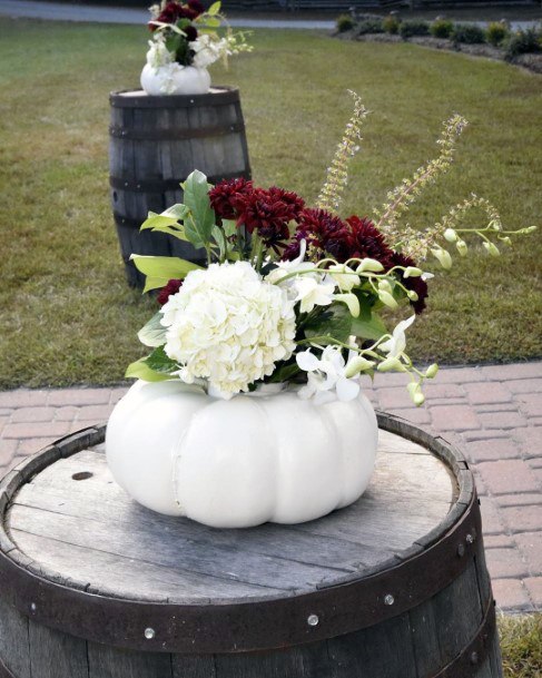 Fall Wedding Ideas Cocktail Wine Barrel Tables With White Pumpkin Vases Inspiration