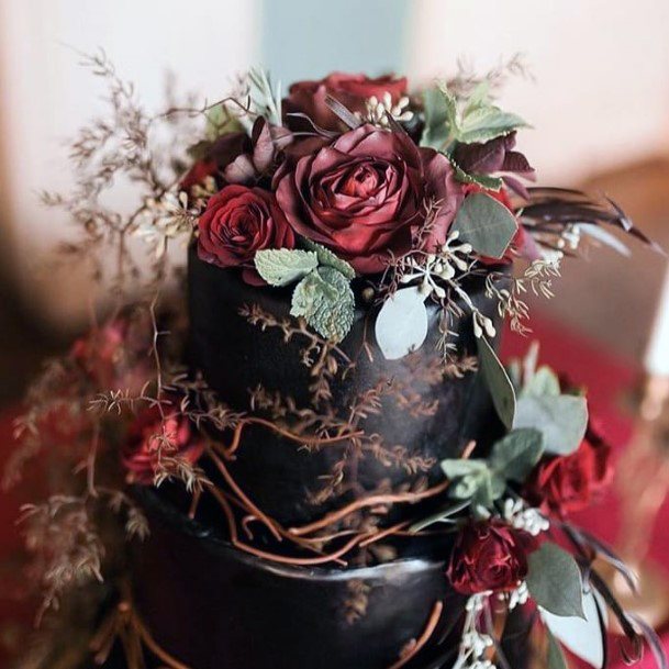 Fall Wedding Ideas Modern Black Cake With Greenery And Red Roses