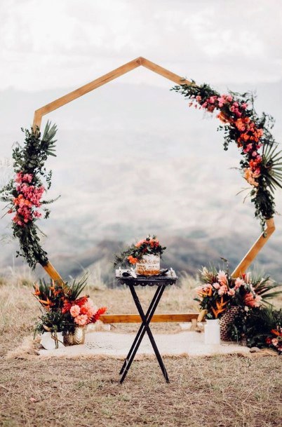 Fall Wedding Ideas Modern Geometric Ceremony Arch With Beautiful Pink And Burgundy Flowers