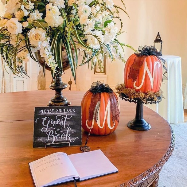 Fall Wedding Ideas Natural Orange Pumpkin Decor Guest Book Table