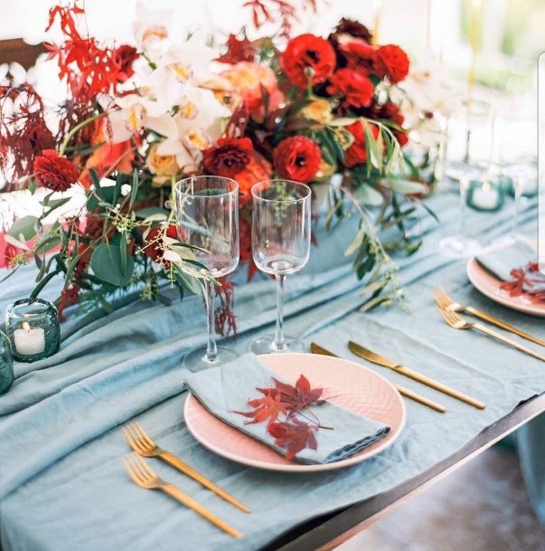 Fall Wedding Ideas Red Orange And Yellow With Blue Table Decor