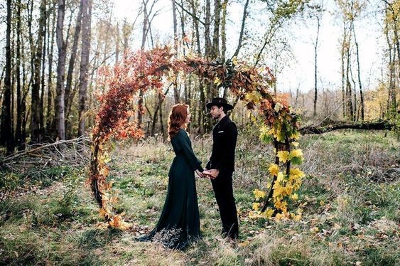 Fall Wedding Ideas Rustic Tree Branch Arbor With Yellow And Burgundy Florals