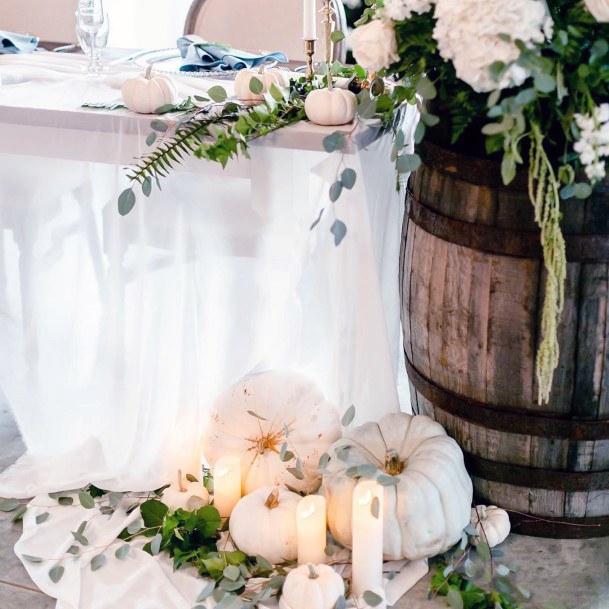 Fall Wedding Ideas White Pumpkins And Greenery Country Wine Barrel Decor