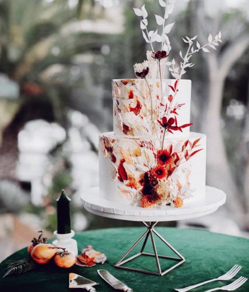 Fall Wedding Ideas White Tiered Cake With Orange And Red Floral