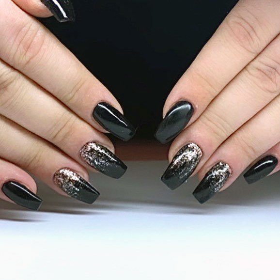 Fancy Cute Black Gel Silver Dazzling Glitter Polish Nail Design