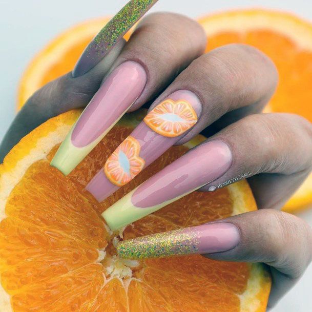 Fancy Cute Long Squared Orange Citrus Nail Ideas For Women