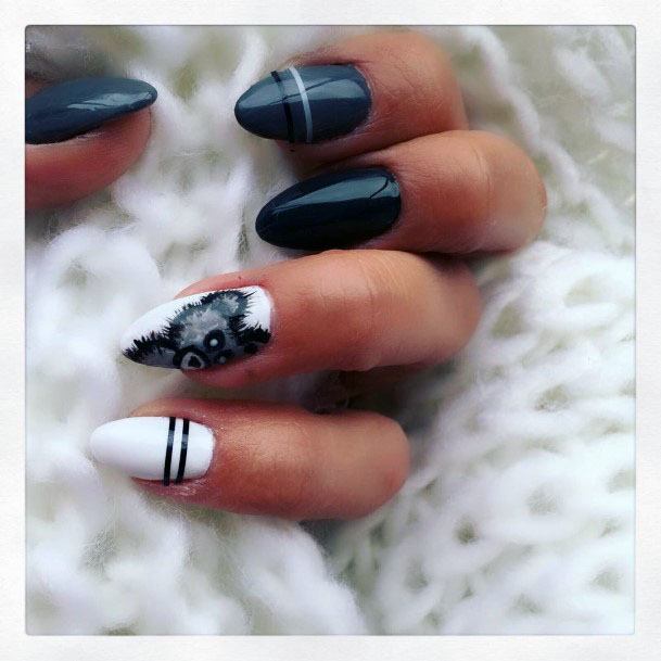 Fancy Cute Teddy Bear Black Grey And White Gel Nail Design For Girls