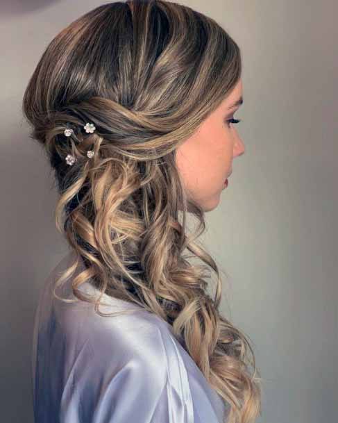 Fancy Side Swept Golden Curls Hairstyle Women