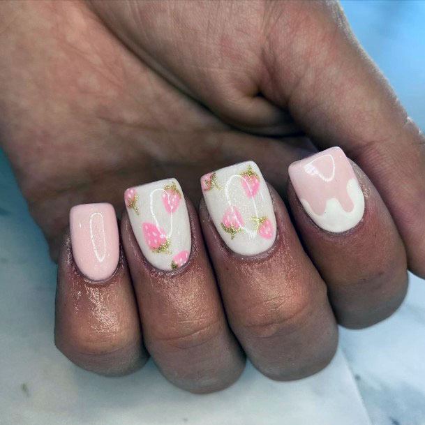 Fancy Squared Tip Pink Strawberry Nails For Girls