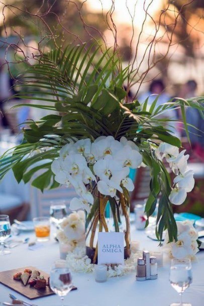 Fancy Wedding Table Bright White Tropical Floral Inspiration Decorations