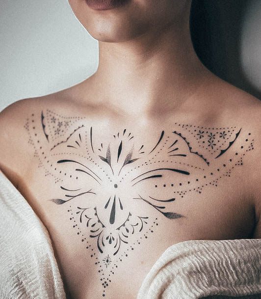 Fantastic Awesome Chest Ornate Tattoo For Women