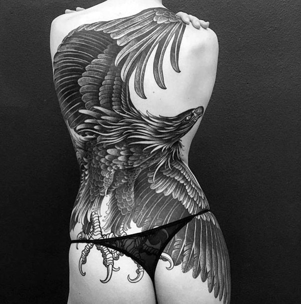 Fantastic Black Bird Tattoo Womens Back