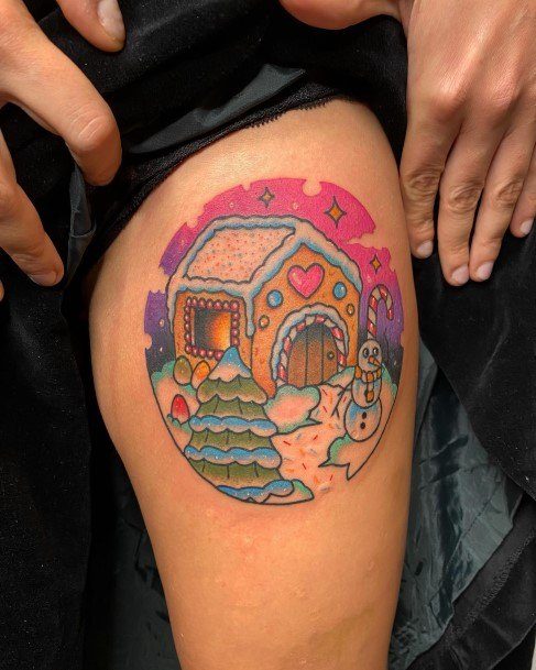 Fantastic Gingerbread House Tattoo For Women Thigh Upper Winter Themed