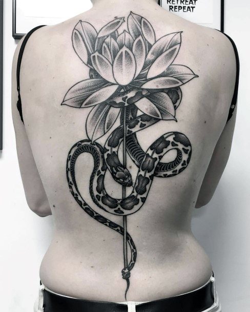 Fantastic Lotus And Snake Grey Tattoo Women