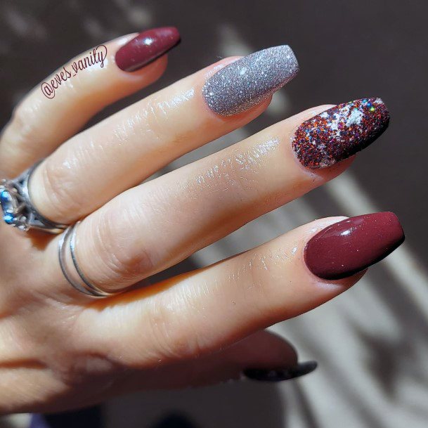 Fantastic Maroon And Silver Nail For Women