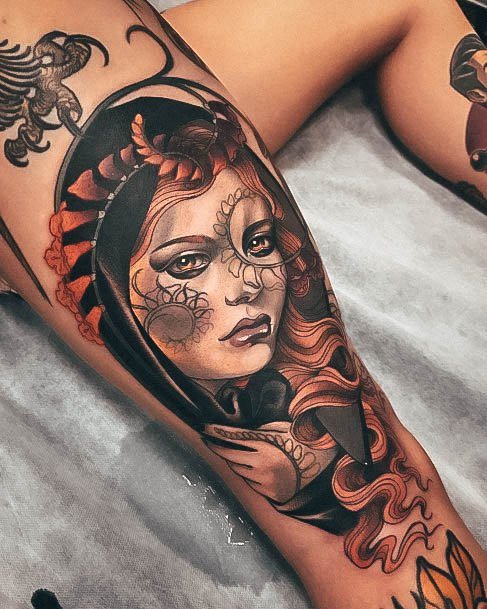 Fantastic Neo Traditional Tattoo For Women Thigh Legs