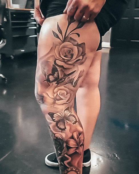 Fantastic Rose Thigh Tattoo For Women