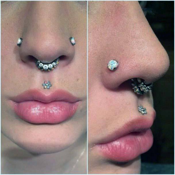 Fascinating Guaged Double Nostril Double Septum And Floral Medusa Piercing Design Ideas For Women