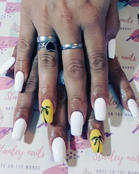 Fascinating Palm Tree Yellow And White Nail Inspiration For Girls