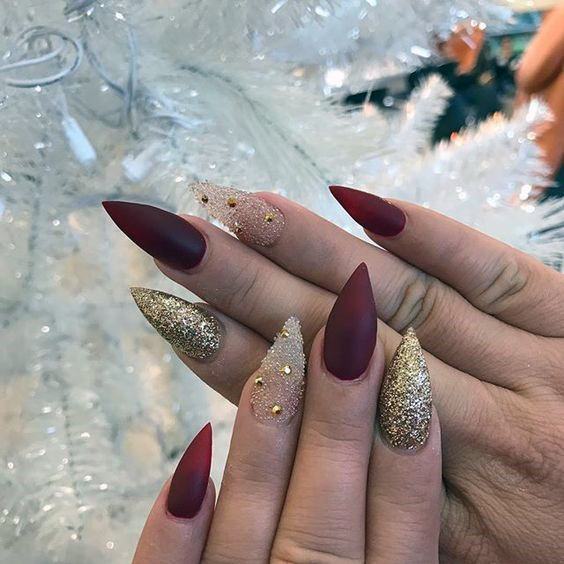 Fascinating Stiletto Maroon And Dazzling Gold Nail Design Inspiration For Women