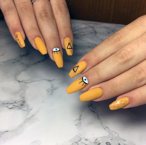 Fascinating Sunflower Yellow Unique Eye Design Black Triangle Nail Ideas For Women