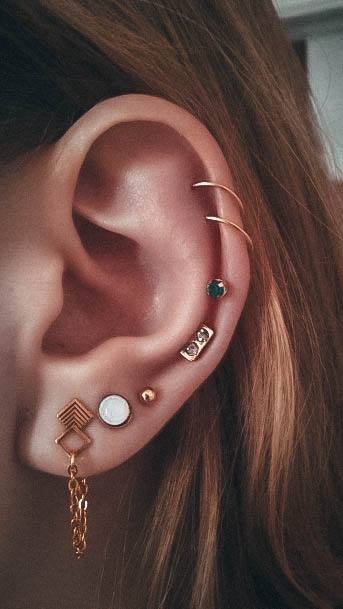 Fascinating Triple Lobe Low Helix With Emerald Stone Cute Double Mid Helix Ear Piercing Ideas For Women