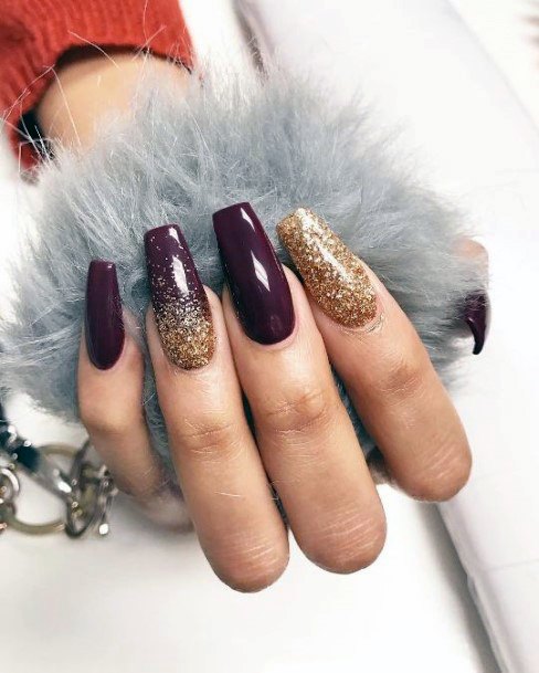 Fascinating Womens Glossy Maroon And Sparkly Gold Nail Ideas For Women