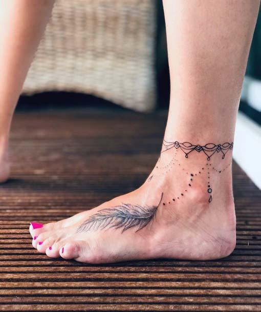 Feather And Band Tattoo Womens Ankles