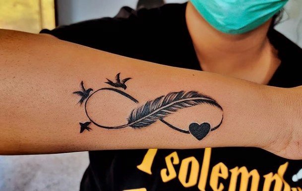 Feather Heart And Birds Tattoo For Women