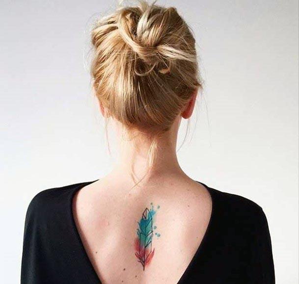 Feather Watercolor Tattoo Womens Back