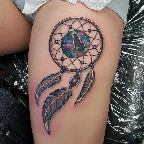 Feathered Dream Catcher Tattoo Womens Legs