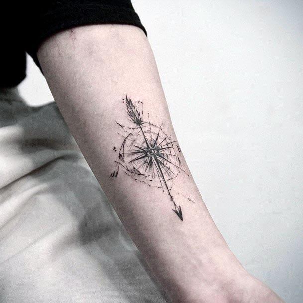 Feathered Tribal Arrow And Compass Tattoo Womens Forearms