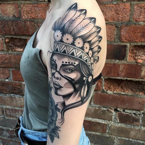 Feathered Tribal Man Womens Arm Tattoo
