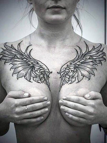 Feathered Wings Tattoo Womens Chest