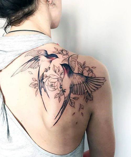 Feathery Birds Tattoo Womens Back