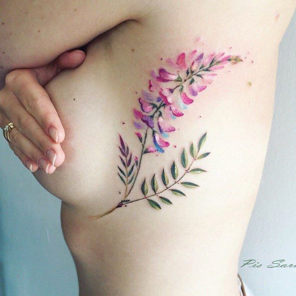 Feathery Leaves And Flower Tattoo Womens Torso