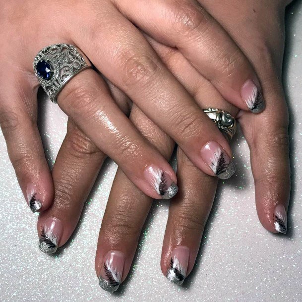 Feathery Silver Black Nails For Women