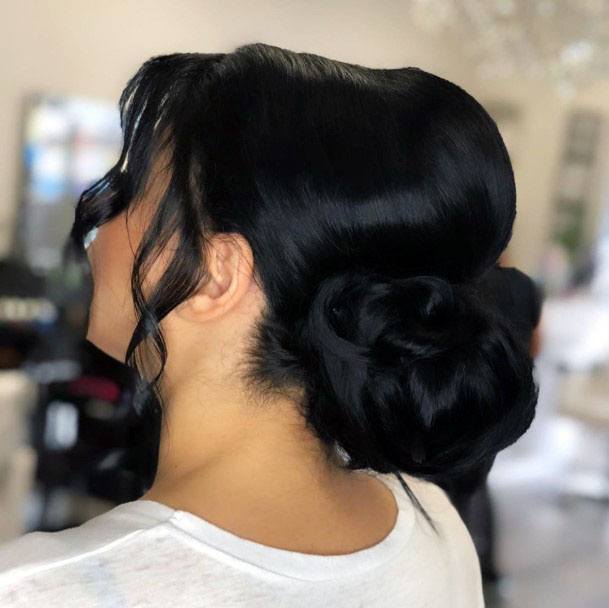 Female Beautiful Black Pulled Back Voluminous Updo Shiny Hairstyle Looks