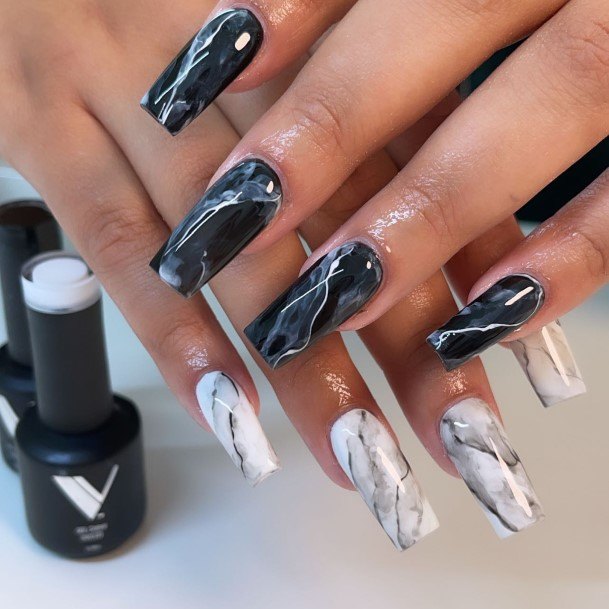 Female Black And White Marble Nails