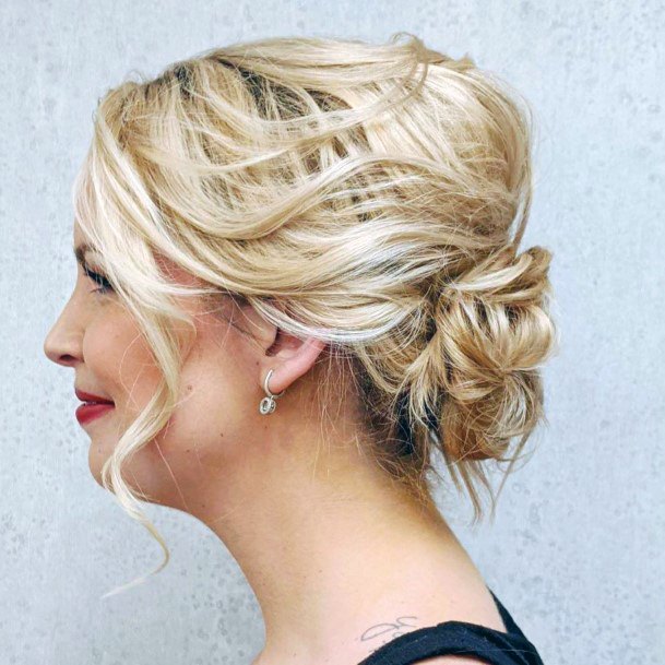 Female Blonde Updo Short Cut With Small Pinned Hair Knot