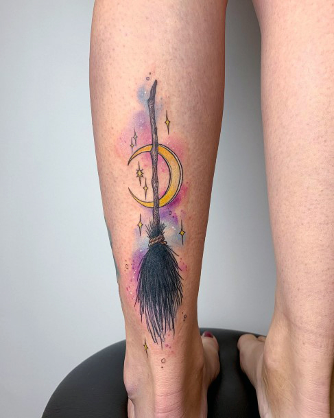 Female Broomstick Tattoo On Woman