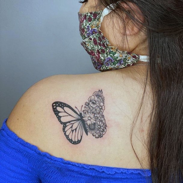 Female Butterfly Flower Tattoo On Woman