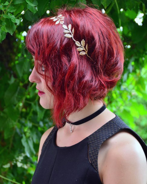 Female Chin Length Medium Red Hair With Gold Leaf Headband